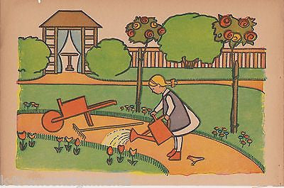 LITTLE GIRLS YARD PARK FLOWER GARDEN SCENE ANTIQUE GRAPHIC ART NURSERY PRINT - K-townConsignments