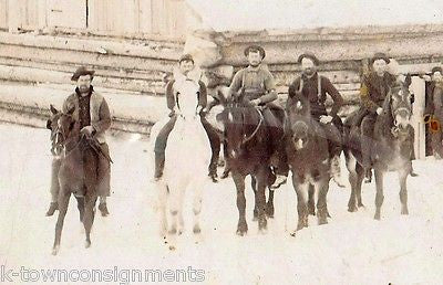 LOG CABIN SNOWY MOUNTAIN MEN ON HORSEBACK BERLIN NH ANTIQUE GROUP PHOTOGRAPH - K-townConsignments