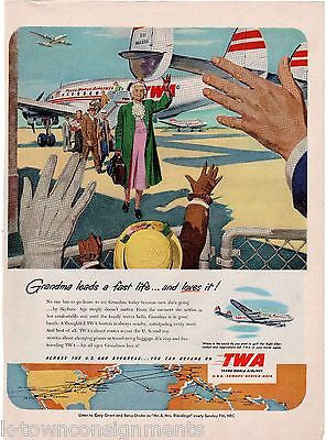 TWA AIRLINES GRANDMA LEADS A FAST LIFE VINTAGE GRAPHIC ADVERTISING POSTER PRINT - K-townConsignments