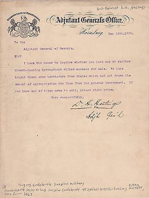 D.H. HASTINGS PA GOVERNOR AUTOGRAPH SIGNED CONFEDERATE SPRINGFIELD RIFLES LETTER - K-townConsignments