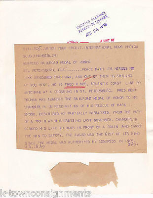 ALTANTIC COAST LINE RAILRAOD MEDAL OF HONOR RECIPIENT FRED HINDS PRESS PHOTO - K-townConsignments