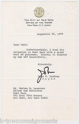 JOHN LINDSAY NEW YORK CITY MAYOR VINTAGE AUTOGRAPH SIGNED STATIONERY LETTER 1973 - K-townConsignments