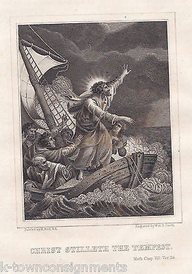 JESUS CHRIST CALMS THE SEA 1840s ANTIQUE BIBLE ENGRAVING PRINT MATTHEW 8:26 - K-townConsignments