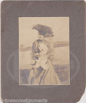 WHITE POODLE DOG & VICTORIAN LADY POSING ANTIQUE OUTDOOR PHOTOGRAPH ON BOARD - K-townConsignments