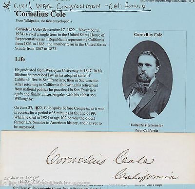 CORNELIUS COLE CALIFORNIA CIVIL WAR CONGRESS ANTIQUE AUTOGRAPH SIGNATURE - K-townConsignments