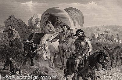 OREGON TRAIL AMERICAN SETTLERS CROSS PLAINS ANTIQUE GRAPHIC ART ENGRAVING PRINT - K-townConsignments