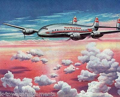 TRANS WORLD AIRLINE FLYING ABOVE THE CLOUDS VINTAGE GRAPHIC ADVERTISING PRINT - K-townConsignments
