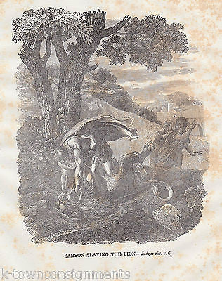 SAMSON SLAYING THE LION ANTIQUE RELIGIOUS BIBLE ENGRAVING PRINT - K-townConsignments