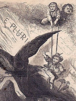 JEFFERSON DAVIS CONFEDERATE ROBS EAGLES NEST ANTIQUE POLITICAL CARTOON ENGRAVING - K-townConsignments