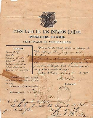UNITED STATES CERTIFICATE OF NATIONALITY SANTIAGO DE CUBA ANTIQUE DOCUMENT 1888 - K-townConsignments