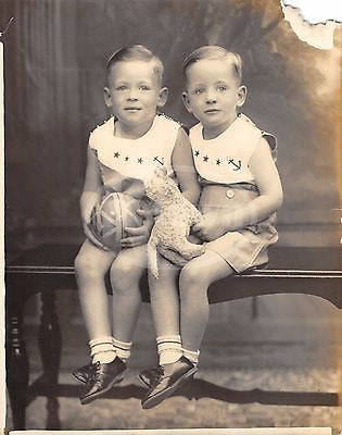 CUTE TWIN BOYS IN SAILOR JUMPERS WITH TOYS ANTIQUE 8X10 STUDIO PHOTOGRAPH - K-townConsignments