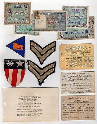 LINCOLN ARMY AIR FIELD SOLDIERS ID CARDS & MILITARY PATCHES LOT & OCCUPIED MONEY - K-townConsignments