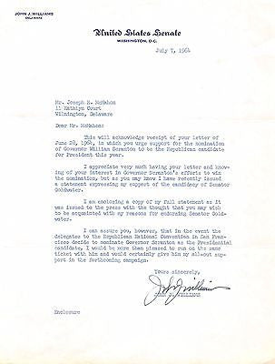 JOHN WILLIAMS DELAWARE SENATE CONGRESSMAN ORIGINAL AUTOGRAPH SIGNED LETTERHEAD - K-townConsignments
