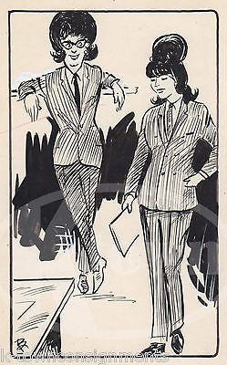 WOMEN'S PANTSUIT FASHIONS ORIGINAL SIGNED NEWSPAPER CARTOON ART INK SKETCH - K-townConsignments