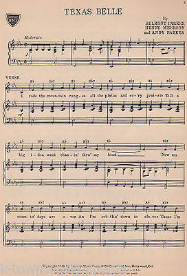 TEXAS BELLE COUNTRY MUSIC SONG BY ANDY PARKER VINTAGE SHEET MUSIC 1948 - K-townConsignments
