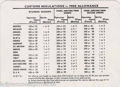 AL EL ISRAEL AIRLINES VINTAGE CUSTOMS REGULATIONS GUIDE GRAPHIC ADVERTISING CARD - K-townConsignments