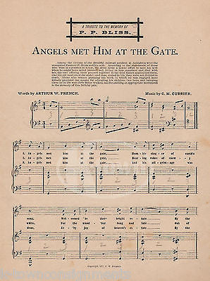 ANGELS MET HIM AT THE GATE P.P. BLISS SONG ANTIQUE ILLUSTRATED SHEET MUSIC 1877 - K-townConsignments