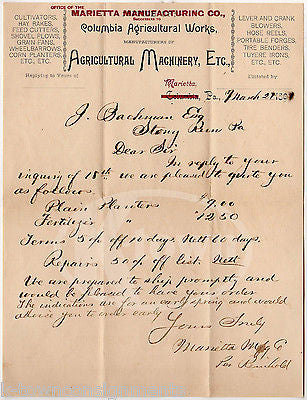 MARIETTA PA COLUMBIA AGRICULTURAL WORKS FARMING ANTIQUE ADVERTISING LETTER 1891 - K-townConsignments