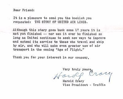 HAROLD CRARY UNITED AIRLINES ORIGINAL AUTOGRAPH SIGNED AVIATION LETTERHEAD 1944 - K-townConsignments