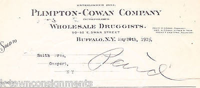 PLIMPTON COWAN WHOLESALE DRUGGISTS BUFFALO NY ANTIQUE ADVERTISING SALES RECEIPT - K-townConsignments