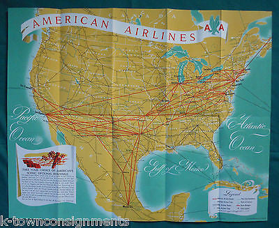 AMERICAN AIRLINES VINTAGE GRAPHIC ADVERTISING FOLD-OUT MAP TRAVEL BORCHURE - K-townConsignments