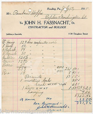 JOHN FASSNACHT CONTRACTOR READING PENNSYLVANIA ANTIQUE ADVERTISING SALES RECEIPT - K-townConsignments