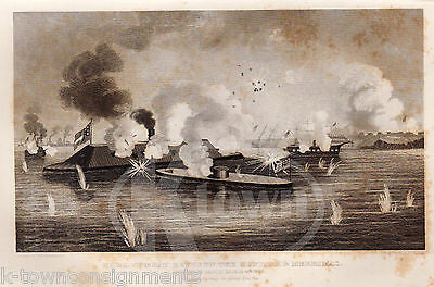 MONITOR & MERRIMAC CIVIL WAR NAVY BATTLE ANTIQUE GRAPHIC ENGRAVING PRINT 1863 - K-townConsignments