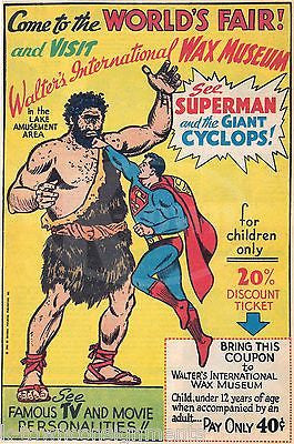SUPERMAN VS GIANT CYCLOPS WORLD'S FAIR WAX MUSEUM VINTAGE GRAPHIC ADVERTISMENT - K-townConsignments