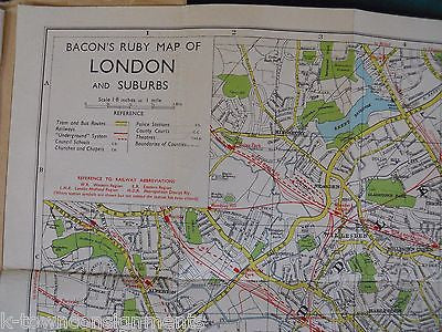 LONDON & SUBURBS BACON'S RUBY MAP ANTIQUE LINEN FOLD-OUT MAP TOURISTS GUIDE - K-townConsignments