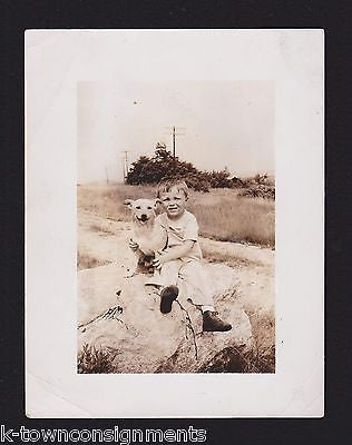 CUTE LITTLE BOY & HIS DOG  POSING TOGETHER AFTER PLAY VINTAGE SNAPSHOT PHOTO - K-townConsignments