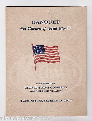 CITIZENS FIRE COMPANY GORDON PENNSYLVANIA WWII VETERANS BANQUET DINNER MENU 1947 - K-townConsignments