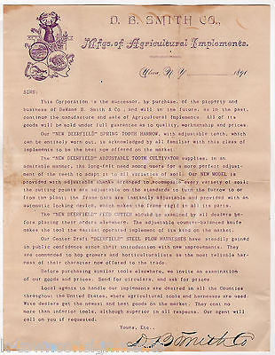 SMITH AGRICULTURAL IMPLEMENTS UTICA NEW YORK ANTIQUE SIGNED ADVERTISING LETTER - K-townConsignments