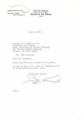 ERASTUS CORNING ALBANY NEW YORK MAYOR ORIGINAL AUTOGRAPH SIGNED LETTERHEAD 1982 - K-townConsignments