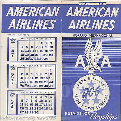 AMERICAN AIRLINES DC-6 FLAGSHIPS VINTAGE SPANISH ADVERTISING TIMETABLE BROCHURE - K-townConsignments