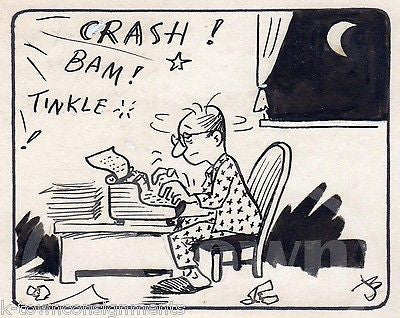 WRITER'S BLOCK INSOMNIA HUMOR ORIGINAL NEWSPAPER CARTOON SIGNED INK SKETCH - K-townConsignments