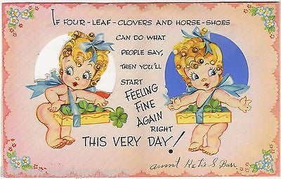 Lucky Horsehoes & Four Leaf Clovers Cute Baby Girl Vintage Graphic Get Well Card - K-townConsignments