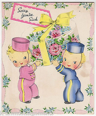 Cute Little Bell Boy & Girl Vintage Graphic Art Get Well Greetings Card - K-townConsignments