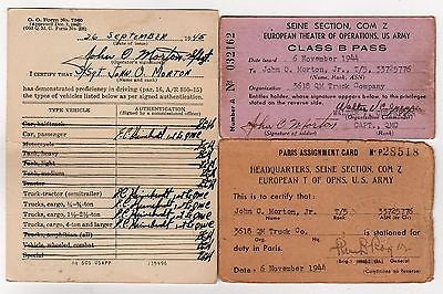 WWII SOLDIER PARIS ASSIGNMENT EUROPEAN THEATRE & DRIVER'S LICENSE CARDS 1944 - K-townConsignments