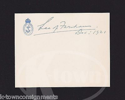 ARTHUR LEE VISCOUNT OF FAREHAM ADMIRALTY WHITEHALL AUTOGRAPH SIGNATURE CARD 1921 - K-townConsignments