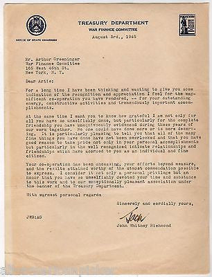 JACK RICHMOND WAR FINANCE COMMITTEE CHAIR VINTAGE AUTOGRAPH SIGNED LETTER 1945 - K-townConsignments