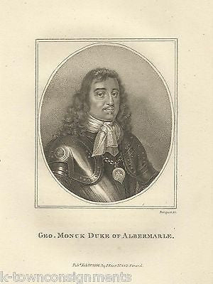 GEORGE MONCK  DUKE OF ALBERMARLE ENGLAND ANTIQUE PORTRAIT ENGRAVING PRINT 1806 - K-townConsignments