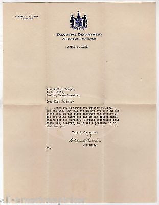 ALBERT RITCHIE MARYLAND GOVERNOR AUTOGRAPH SIGNED LETTER & MAIL COVER 1928 - K-townConsignments