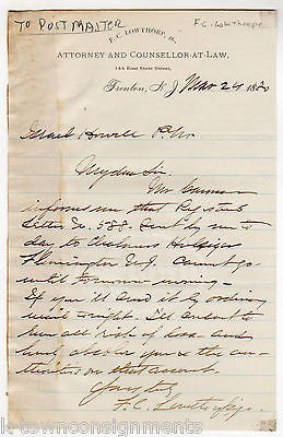 F. C. LOWTHORP TRENTON NJ LAWYER ANTIQUE AUTOGRAPH SIGNED LETTER TO POSTMASTER - K-townConsignments