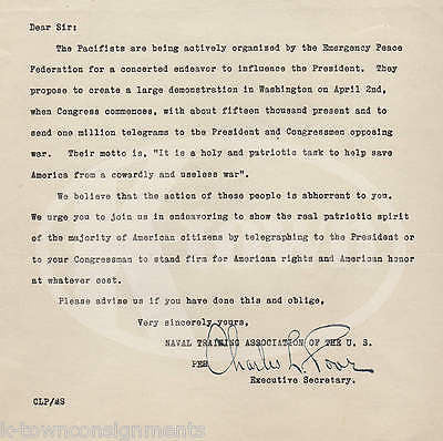 WWI PEACE ANTI-WAR PACIFISM MARCH ON WASHINGTON SIGNED PRO MILITARY NAVAL LETTER - K-townConsignments