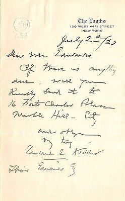 EDWARD E KIDDER EARLY AMERICAN PLAYWRIGHT AUTOGRAPH SIGNED THE LAMBS LETTER 1923 - K-townConsignments