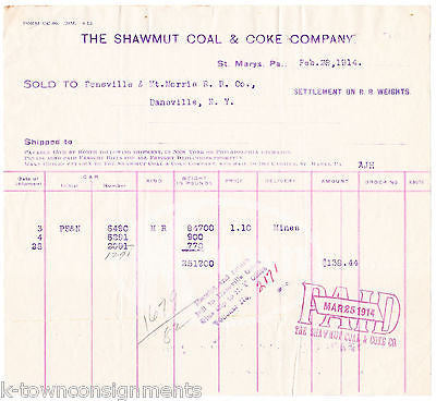 SHAWMUT COAL & COKE COMPANY ST. MARY'S PA ANTIQUE ADVERTISING SALES RECEIPT - K-townConsignments