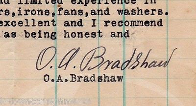 O. A. BRADSHAW NEW PHILADELPHIA OHIO ELECTRICIAN ANTIQUE AUTOGRAPH SIGNED LETTER - K-townConsignments