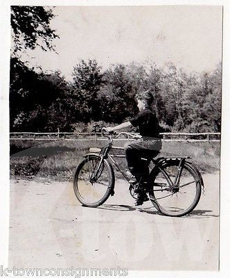LITTLE BOY BIKING A GREAT BIG OLD BICYCLE VINTAGE AMERICANA SNAPSHOT PHOTOGRAPH - K-townConsignments