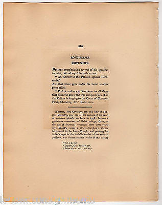 LORD KEEPER COVENTRY ENGLAND ANTIQUE PORTRAIT ENGRAVING PRINT BIO 1806 - K-townConsignments