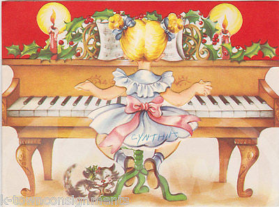 Cute Little Girl Piano Player Graphic Art Illustrated Christmas Greetings Card - K-townConsignments